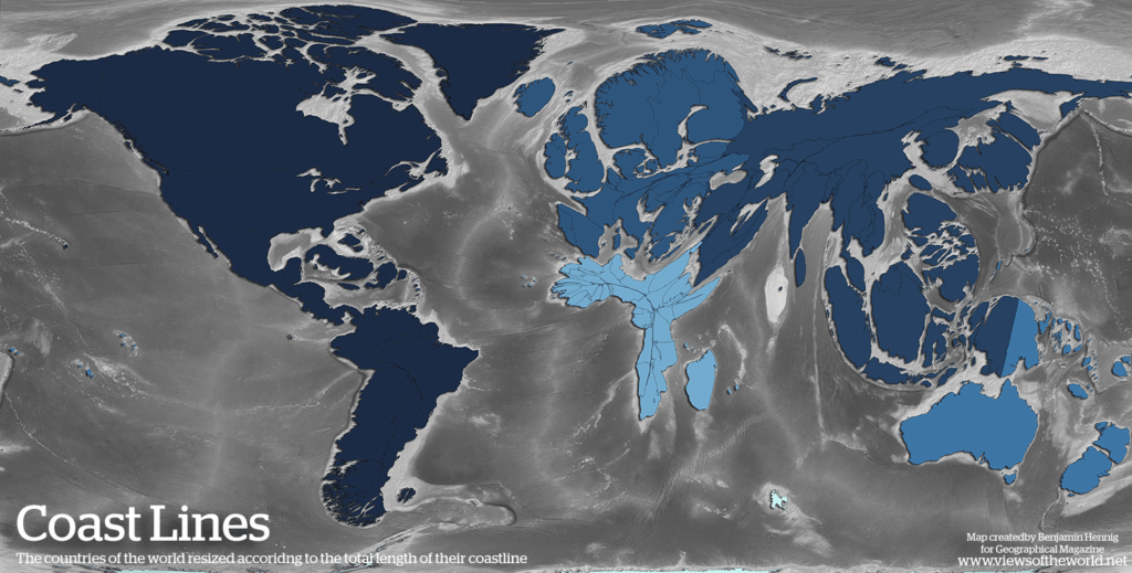Europe looks small, but its "perimeter" (coastline) is huge. Africa on the other hand has a very linear shoreline