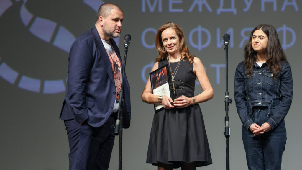 Producers Poli Angelova and Nikolay Todorov receive an award for the film Atlas of the Universe
