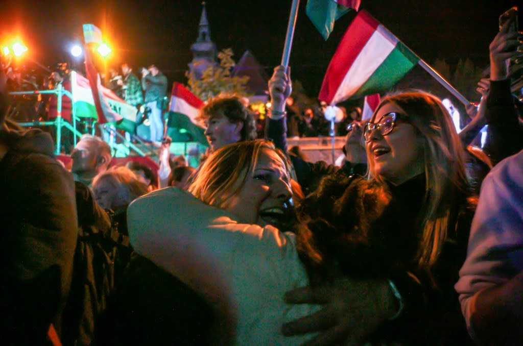 Hungarians celebrated after Peter Magyar’s victory speech earlier this month. Neil Milton / SOPA Images via Reuters Connect