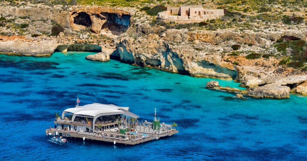 Controversial floating beach club Noma Island anchors off Comino coast