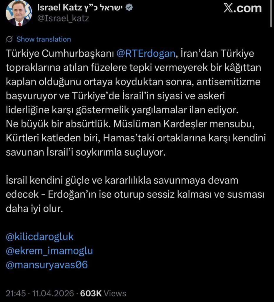 The Israeli defense minister made such a post in Turkish