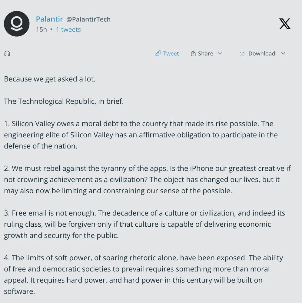 The company Palantir, which is increasingly integrated into Danish defense and intelligence, has published a manifesto of madness.