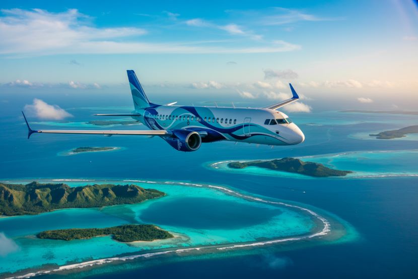 Airplane flying over tropical islands in fiji.