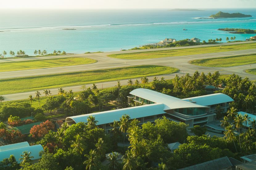 Fiji airport with ocean view, lush greenery, and tropical landscape for travel a.