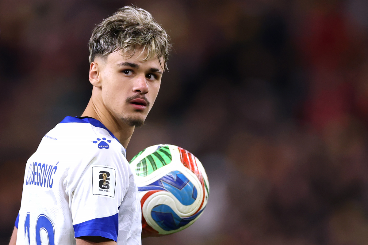 CARDIFF, WALES - MARCH 26: Kerim Alajbegovic of Bosnia and Herzegovina looks on during the FIFA World Cup 2026 European Qualifiers KO play-off match between Wales and Bosnia and Herzegovina at Cardiff City Stadium on March 26, 2026 in Cardiff, Wales. (Photo by Warren Little/Getty Images)