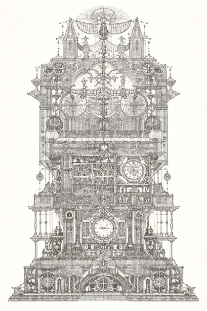 Ornate ink illustration featuring clocks, mechanical systems, geometric networks, and symbolic forms.