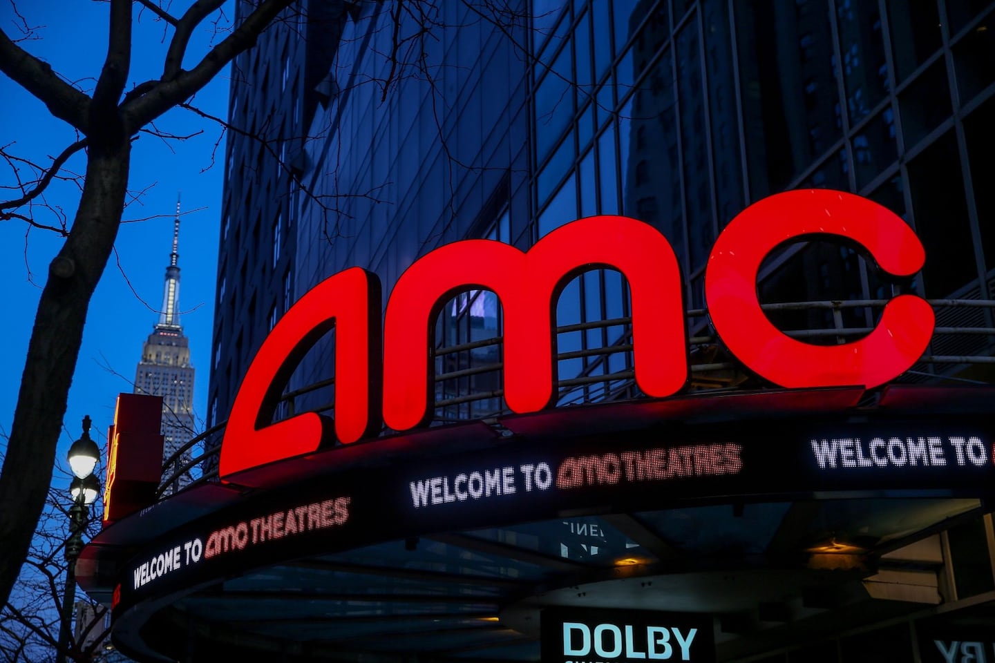 Signage outside an AMC movie theater in New York in 2021.