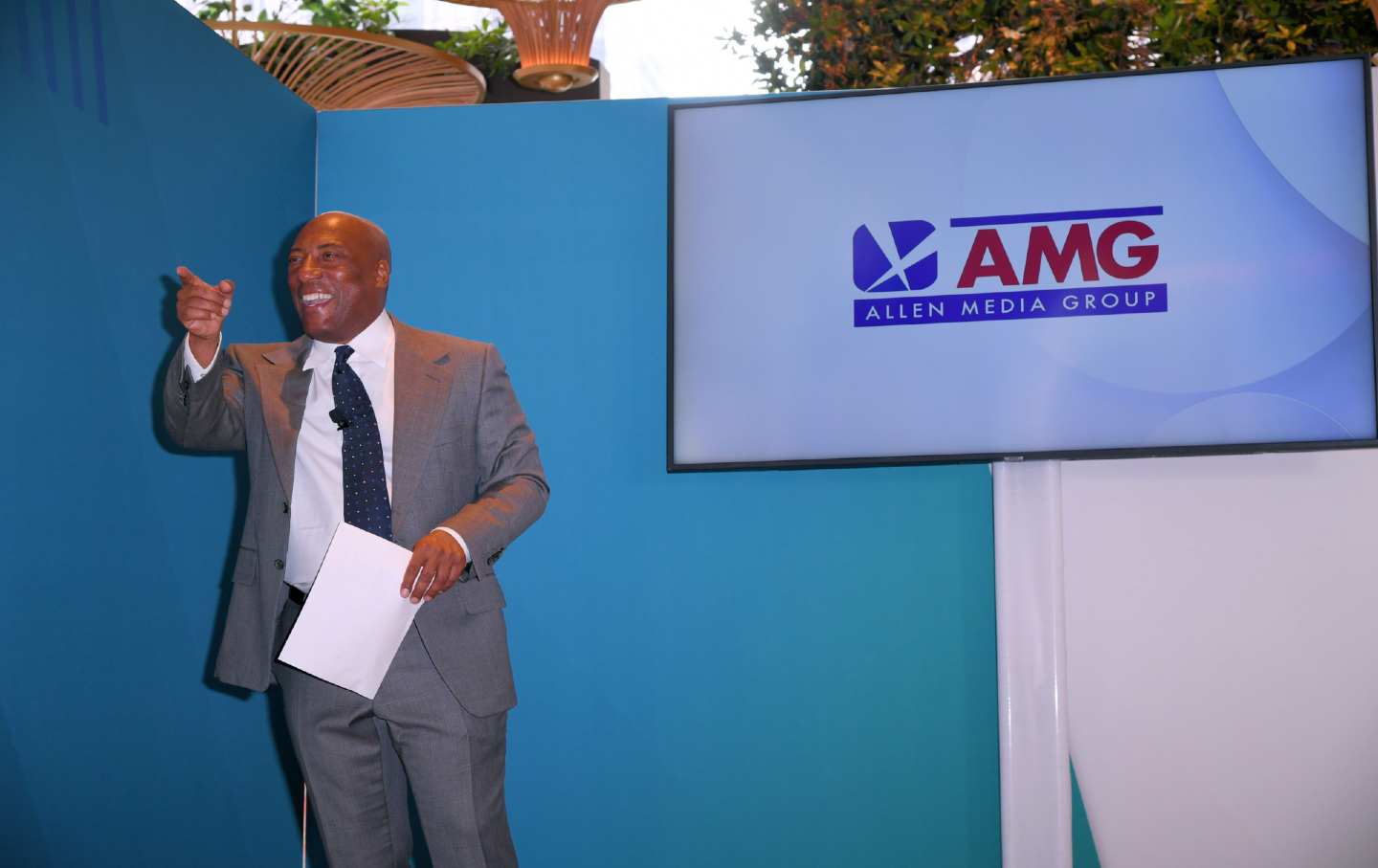 Byron Allen speaks at an upfront presentation for his eponymous media company at a 2023 conference in New York.