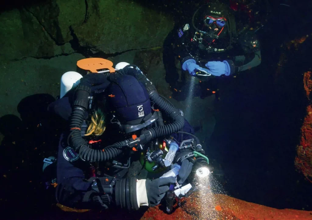 A technical diver carefully collecting delicate microbial biofilm samples from a rock face in Silfra Hellir.
