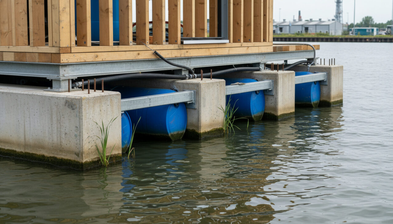 Floating foundation of a Dutch house over the water