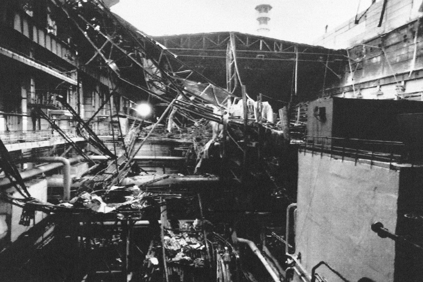 Remains of the collapsed roof at the Chernobyl nuclear plant in Ukraine in 1991.
