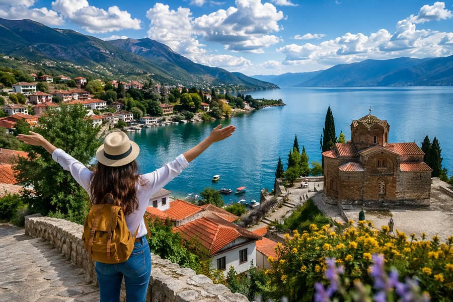 Woman enjoying scenic view of lake ohrid in north macedonia.