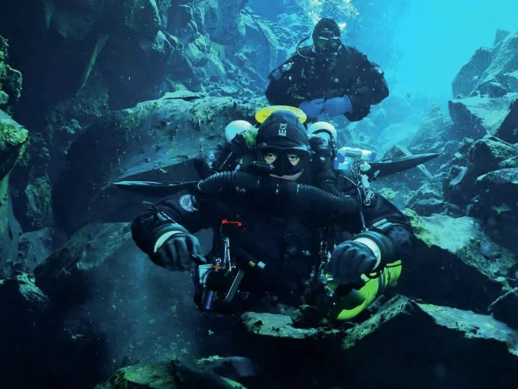 The rugged, underwater entrance to the Silfra Hellir cave system in Iceland´s Underwater frontier.