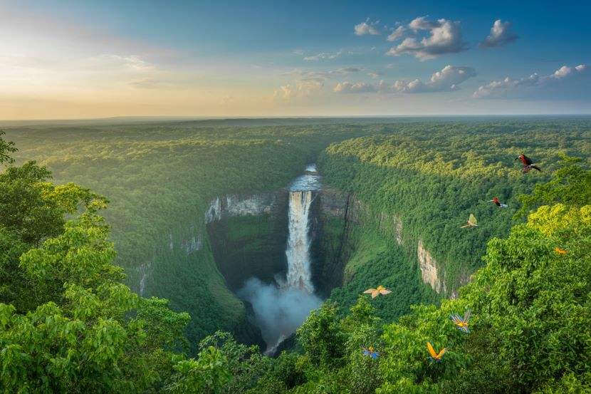 Beautiful waterfall in lush green landscape with birds flying.