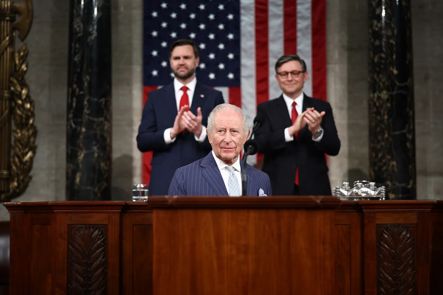 Britain’s King Charles III is applauded as he arrives to address the U.S. Congress in Washington on April 28.