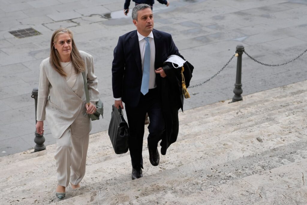 Italian lawyers Marco Mellone (right) and Graziella Cerulli arrived at Italy's highest Court of Cassation, in Rome, Tuesday, to argue against the new citizenship law that restricts citizenship by descent.