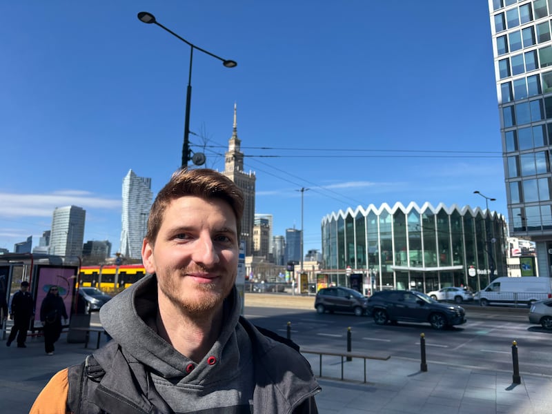 Karol Oskroba in central Warsaw. Oskroba is a welder who travels around Europe for work regularly. Photograph: Jack Power