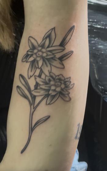 Finished black and grey tattoo of an edelwiess flower on Jenn’s arm