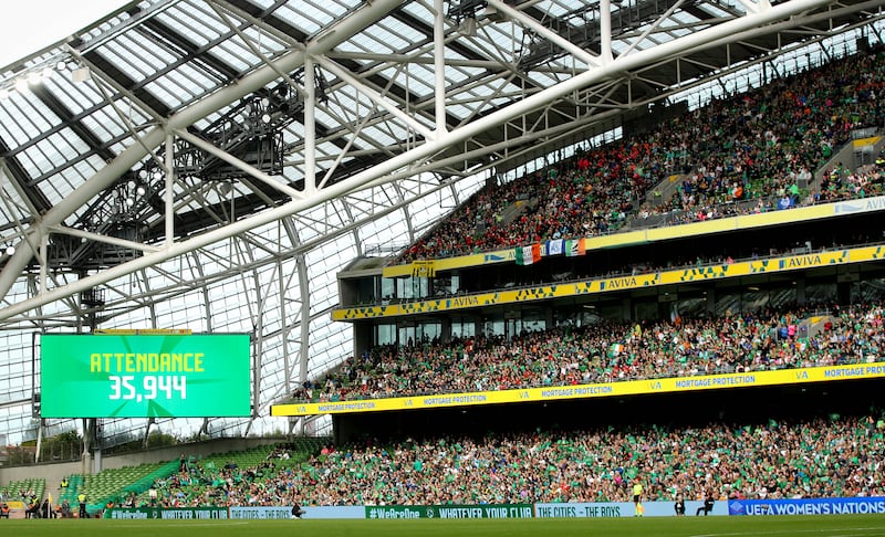 The crowd of 35,944 at the Republic of Ireland women's debut at the Aviva Stadium in September 2023. Photograph: Ryan Byrne/Inpho