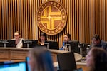 From left, Portland City Councilors Elana Pirtle-Guiney of District 2, Council Vice President Tiffany Koyama Lane of District 3, Angelita Morillo of District 3 and Steve Novick of District 3 sit in a meeting to vote at Portland City Hall on Nov. 12, 2025 in Portland, Ore.