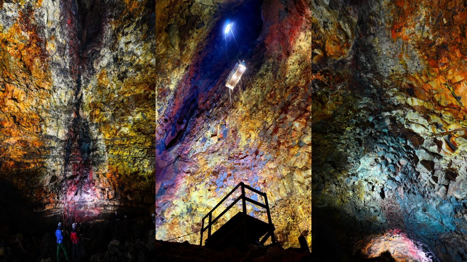 Thríhnúkagígur: The only volcano on Earth where you can descend into a magma chamber Three images of the inside of an empty magma chamber beneath Thríhnúkagígur volcano in Iceland. The walls are colored yellow, blue and purple.