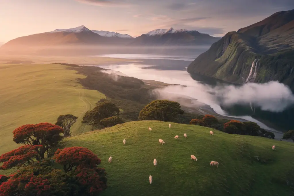 Scenic new zealand landscape with mountains, lake, and grazing sheep.