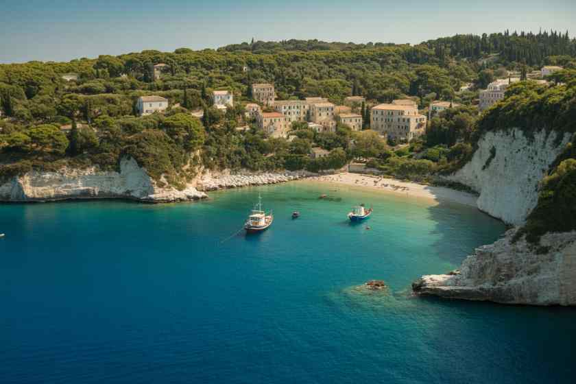 Beautiful ionian sea’s paxos coastline in greece with boats and lush greenery.