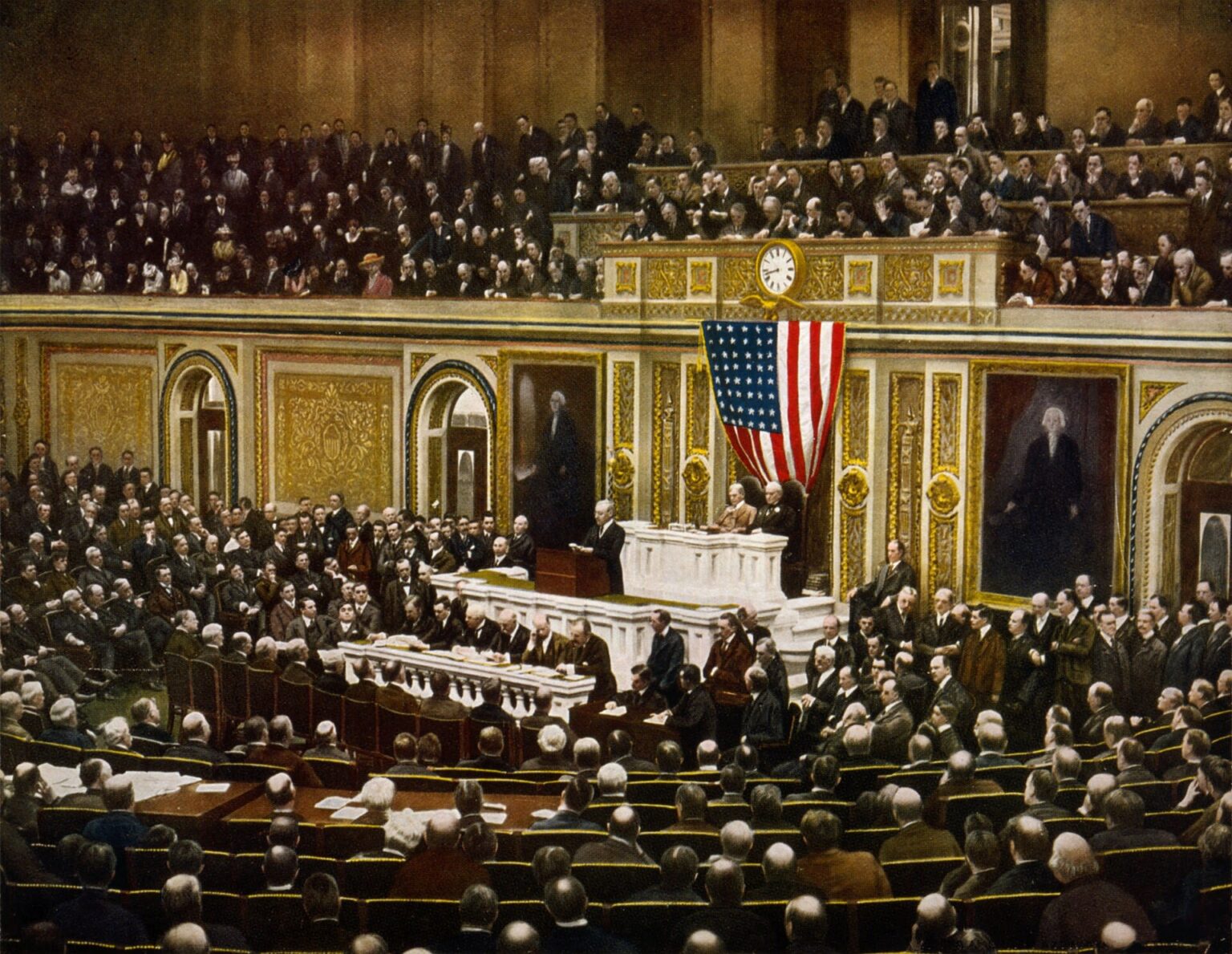 Woodrow Wilson Asks Congress to Declare War on Germany The statue of liberty backlit by fireworks in the night sky.