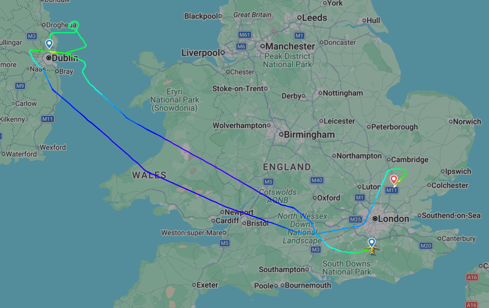 Mystery tour: Flightpath of Ryanair flight FR117 from Gatwick to Dublin, which returned to Stansted airport