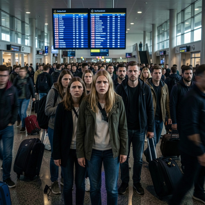 Crowded travelers at stockholm airport facing flight delays and cancellations.