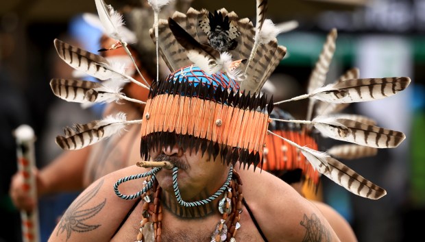 The Sonoma County Pomo Dancers perform during an Earth Day celebration at Old Courthouse Square in Santa Rosa, Saturday, April 25, 2026. (Kent Porter / The Press Democrat)