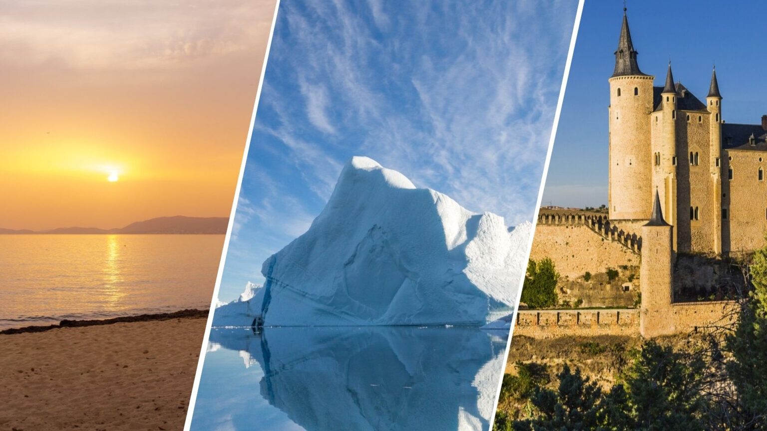 15 expert-checked places to see the 2026 total solar eclipse in Spain, Iceland and Greenland three panel image from left to right: sunset over a sandy beach. a large iceberg reflected in water below and a castle with tall turrets.