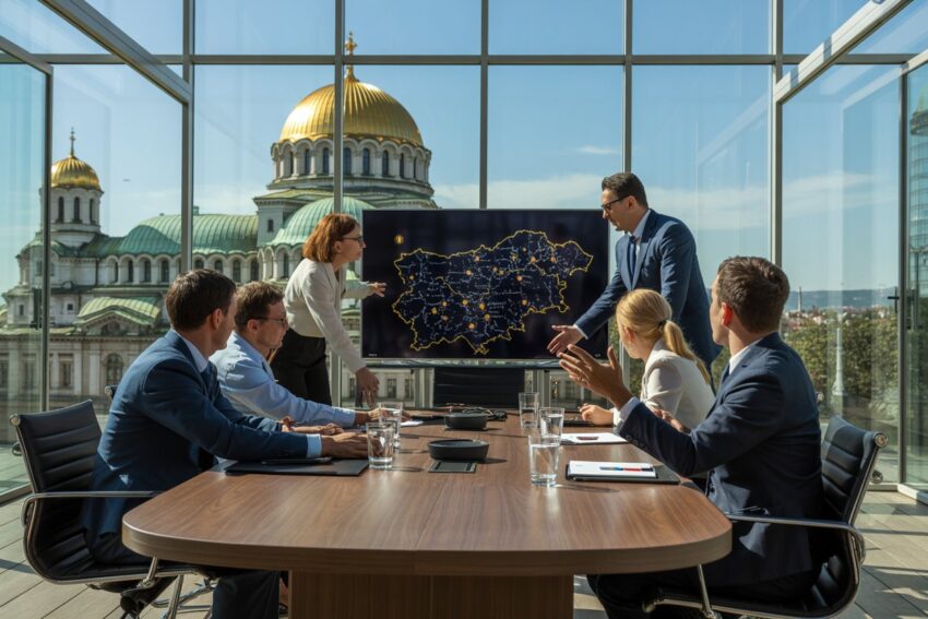 Business meeting discussing bulgaria's tourism strategy in a glass-walled confer.