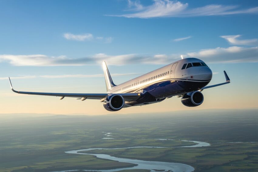 Modern commercial airplane flying over landscape.