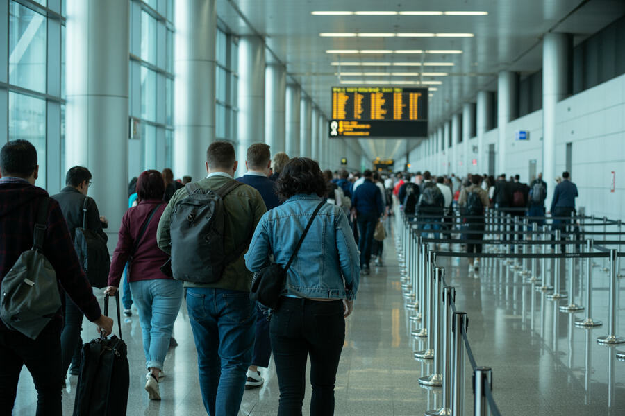 Passengers waiting in line at airport immigration control.
