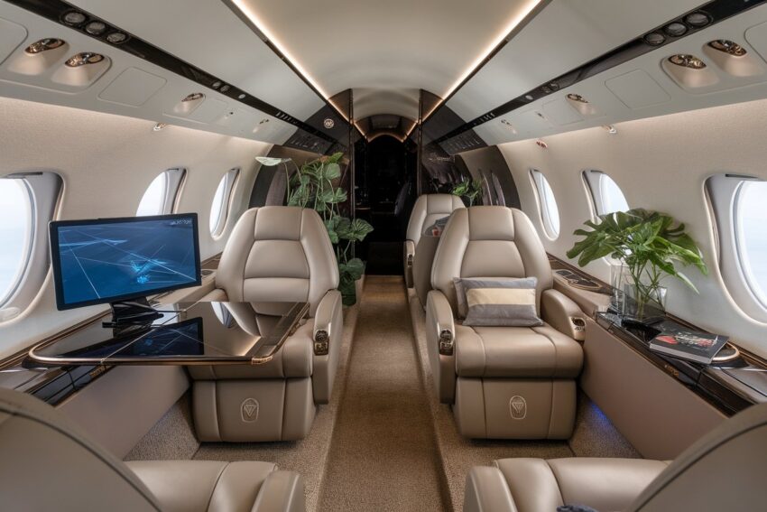 Luxurious private jet cabin featuring comfortable leather seats and modern techn.