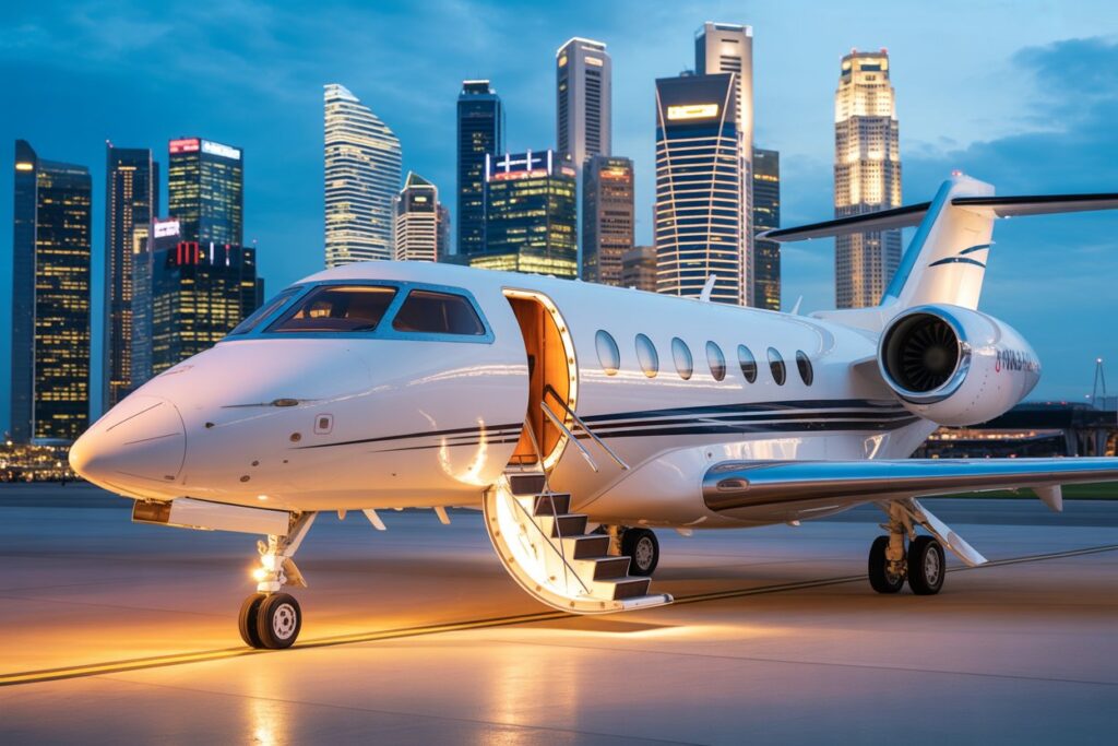 Modern private jet parked at city airport with skyline background.