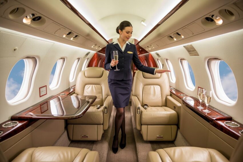 Luxurious private jet interior with a flight attendant serving champagne.