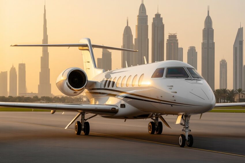 Private jet on runway with dubai skyline in background.