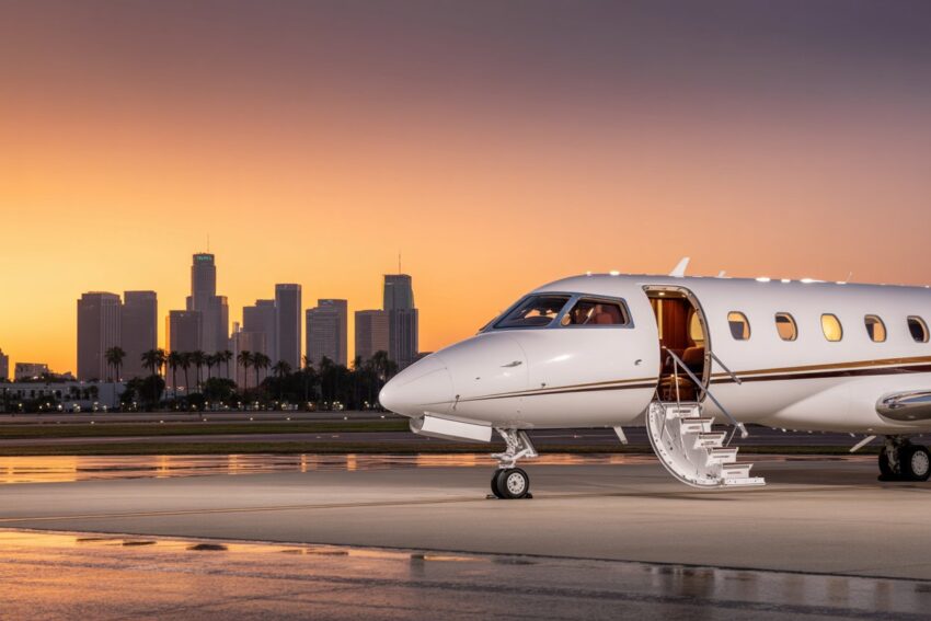 Private jet on runway at sunset, highlighting ultra-luxury air travel options fo.
