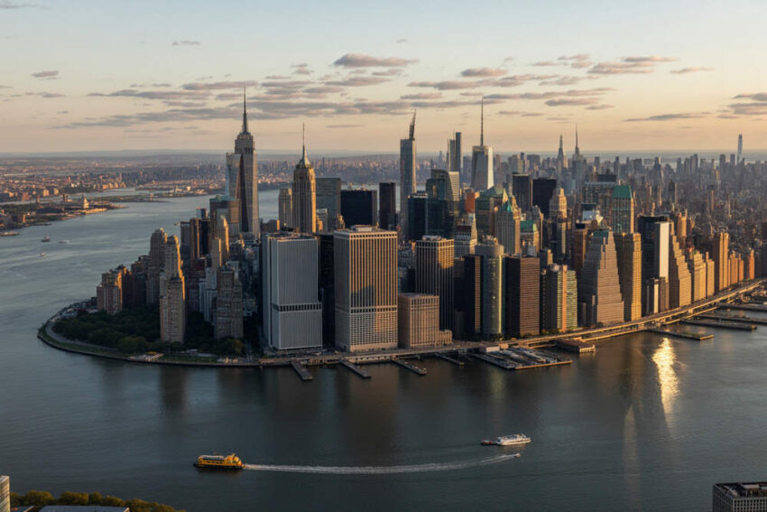 Iconic new york city skyline with skyscrapers and river view.
