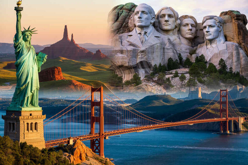 Iconic landmarks of the usa including statue of liberty and golden gate bridge.
