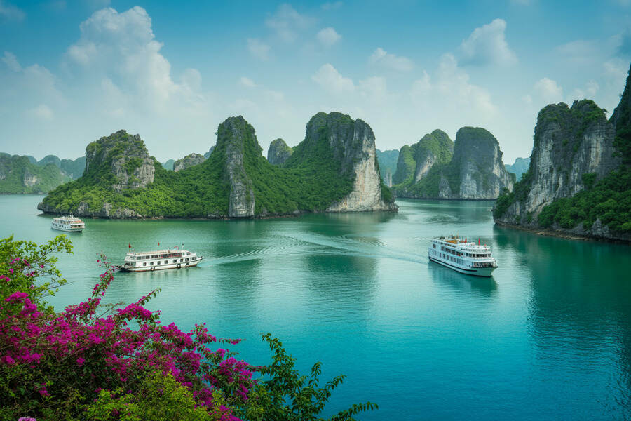 Scenic bay in vietnam with limestone islands and boats on turquoise water.