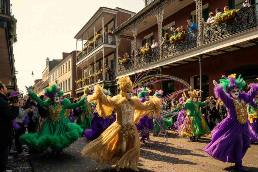 Vibrant carnival dancers in colorful costumes celebrate in a lively street scene.