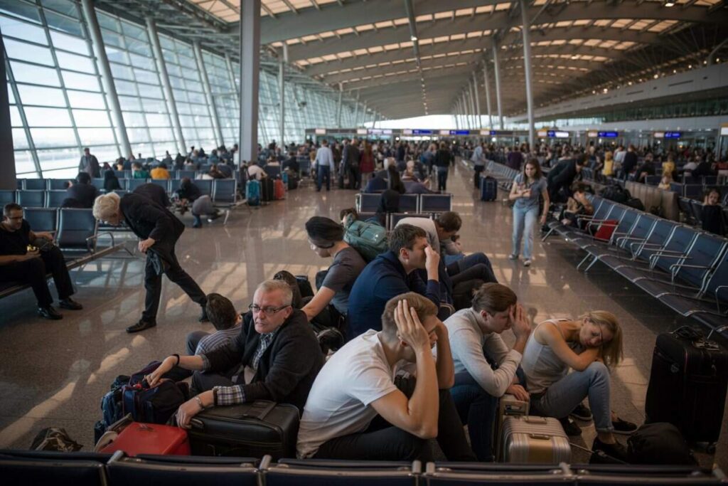 Passengers waiting at keflavik airport amid flight cancellations by sas, iceland.