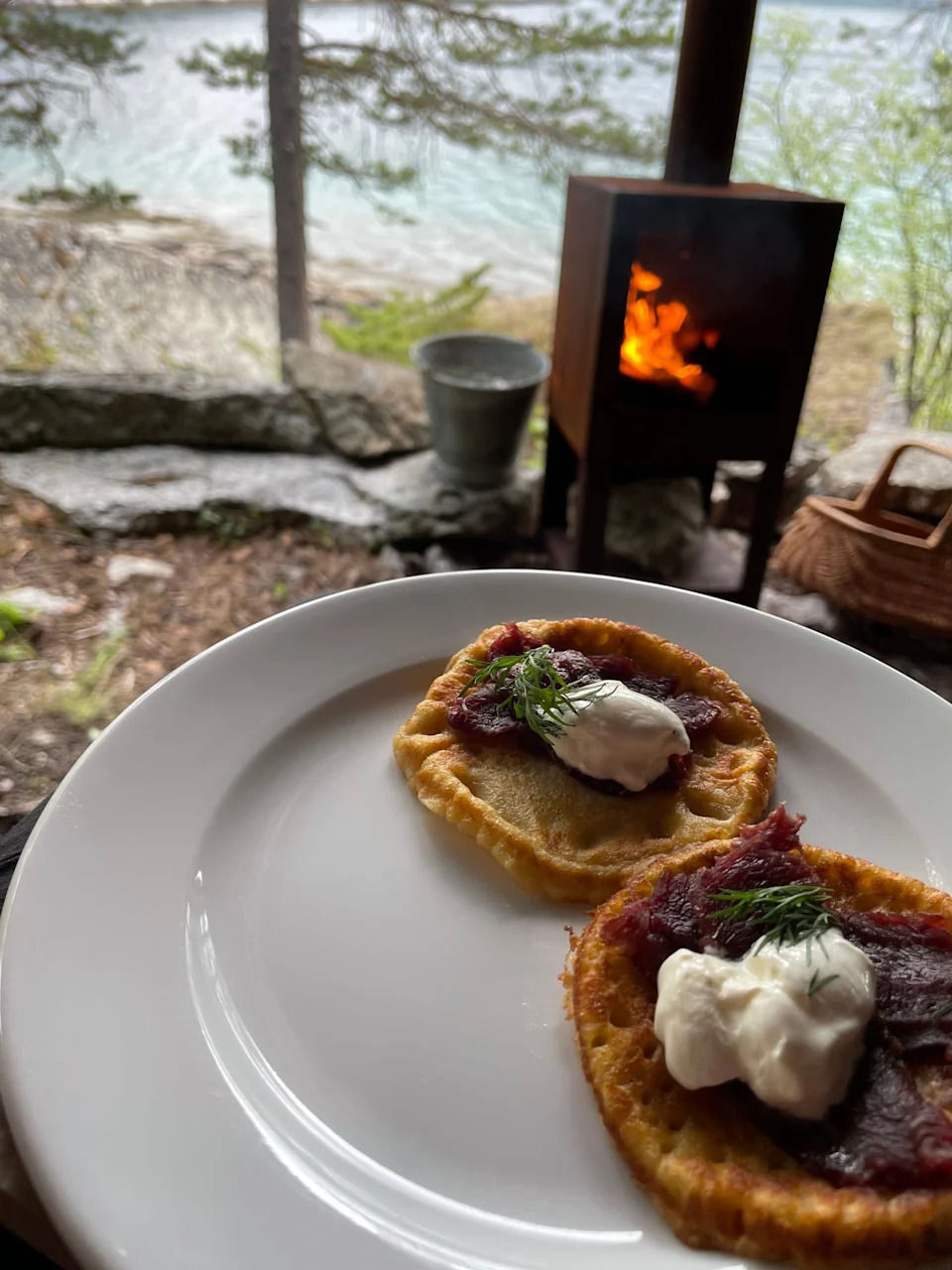 a plate of two flatbreads topped with a savory spread and cream with a background of a serene outdoor setting