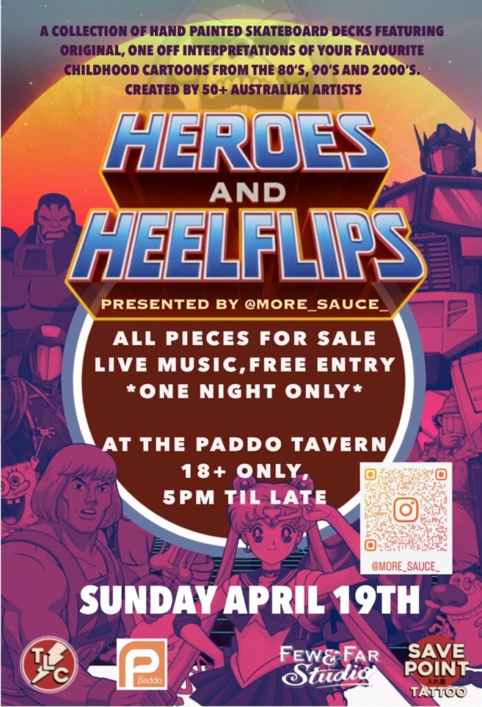 Come hang out! Art show at the Paddo Tavern. 50+ custom skate decks. From 5pm