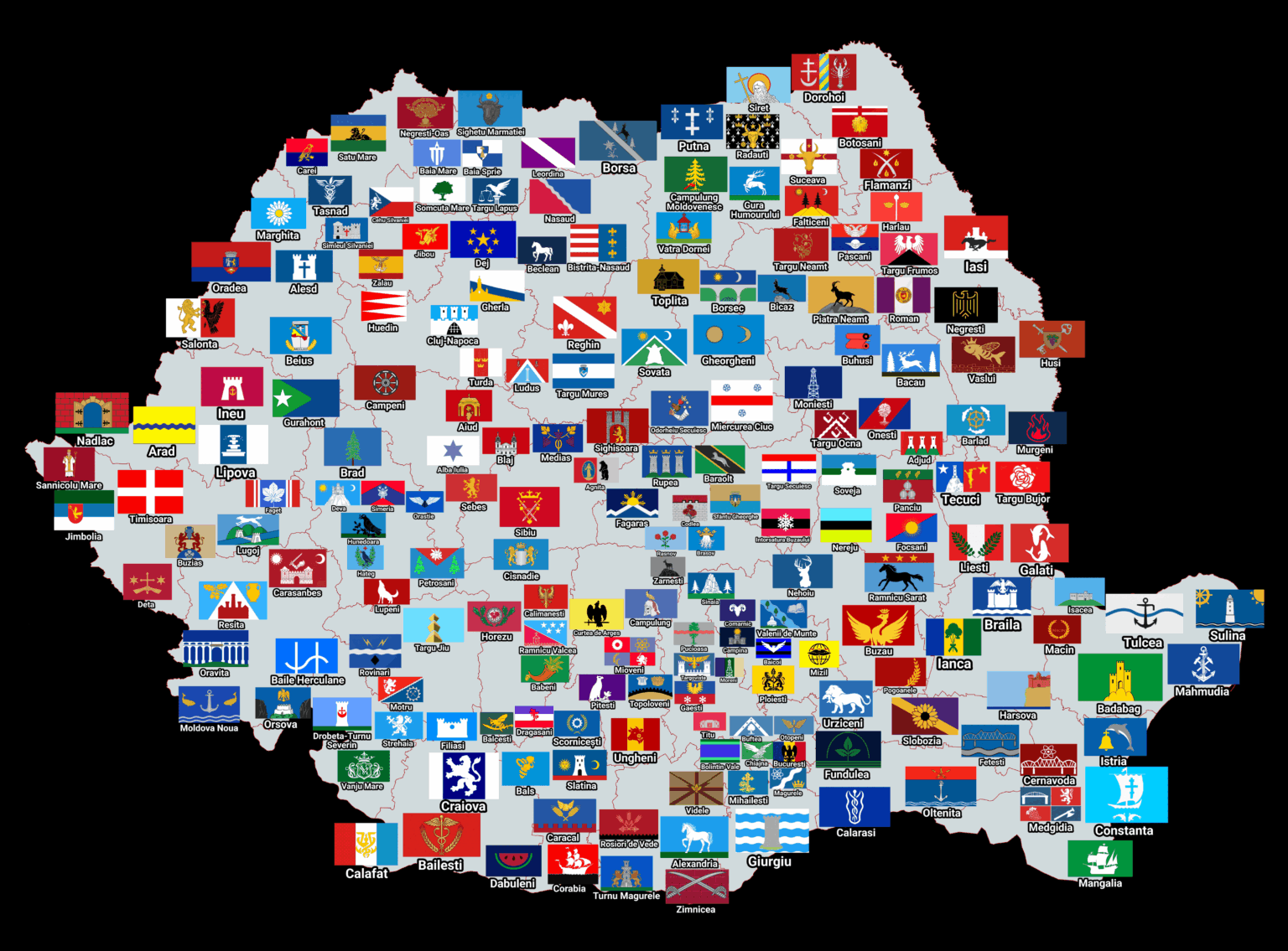 Flags of 200 cities/municipalities/villages, as a reform of cities in Romania.