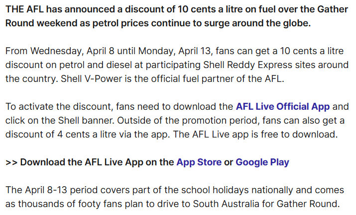 PSA - Fuel offer for those of us who are driving over to Adelaide for Gather Round.