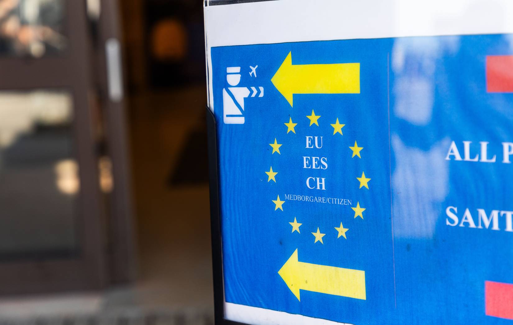 Airport symbols and passport control in Örebro Airport, Sweden